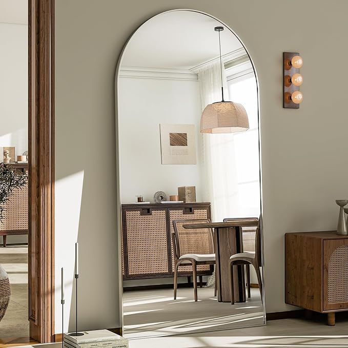 GLSLAND-30x71 inch Wall Mount Arched Full Length Mirror-Aluminum Alloy Frame High Definition-Full Body Mirror for Bedroom or Living Room,Silver