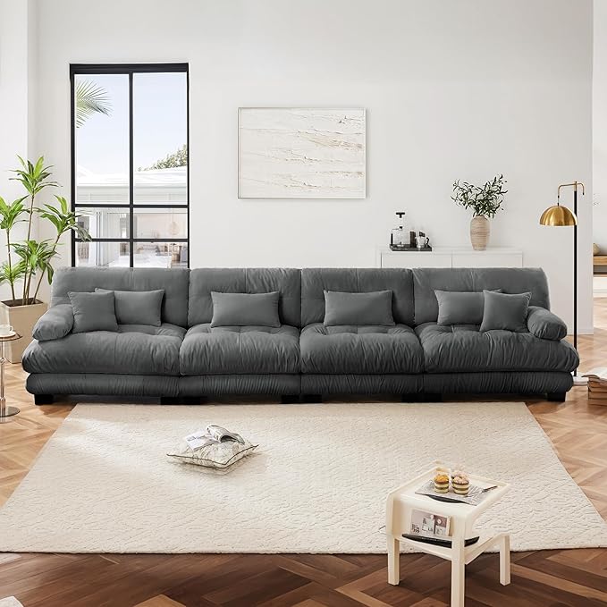 173.2" Oversized Couch, 4 Seater Modular Sectional Sofa, Grey Sectional Fluffy Couch Set, Chenille Cloud Couches with 6 Pillows, Deep Seat Sofas for Living Room