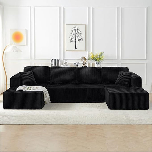 134 Inch Cloud Sectional Couch for Living Room,Corduroy Boneless Couches with L-Shape Chaise,Modern Modular Sectional Sofa with Deep Seat,No Assembly Required (Black, U-Shaped Sofa)