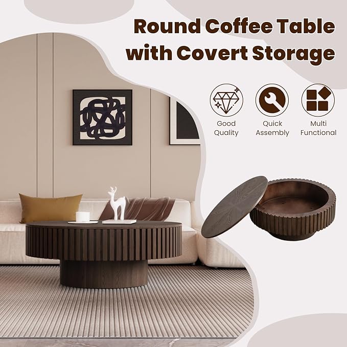 Round Drum Coffee Table with Storage for Living Room, Mid Century Modern Coffee Table with Sturdy Pedestal, Farmhouse Fluted Circle Center Table Accent Tea Table (31.5" Brown with Storage)