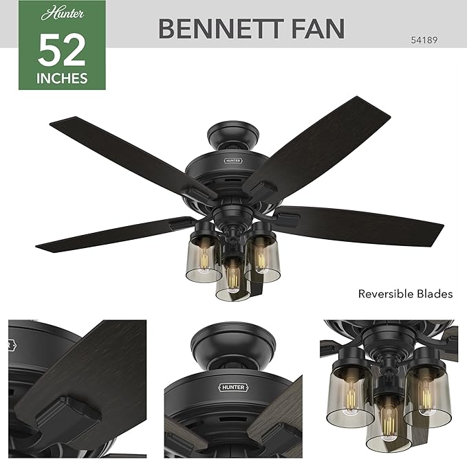Hunter 52 inch Indoor Ceiling Fan with LED Lights and Remote Control - Black Ceiling Fan, Standard Mount, 5 Blades, For Bedroom, Living Room, or Kitchen, Quiet - Bennett 54189, Matte Black