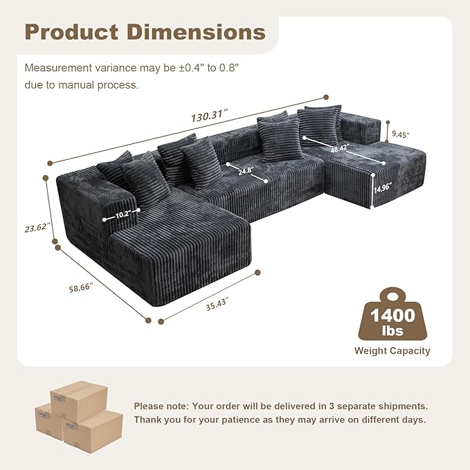 106'' Boneless Couches for Living Room, L Shaped Modular Sectional Sofa with Chaise Lounge, Faux Rabbit Fur & Layered Cushion Deep Seat Cloud Couch, No Assembly (Dark Grey, 130 U Shaped)