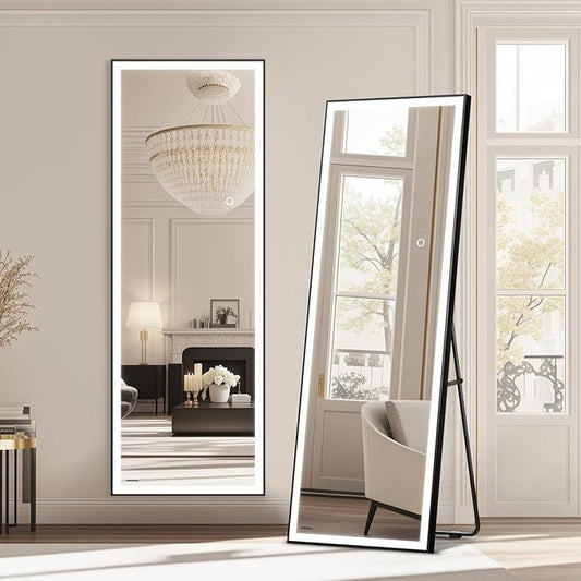 Kosmonia 64x22 Full Length Mirror, Dimmable 3 Color LED Light w/Light Memory, Distortion Free Silver Coating Mirror, HD Reflection &Anti Desilvering,Tempered Glass &Shatter Proof Film Doubles Safety