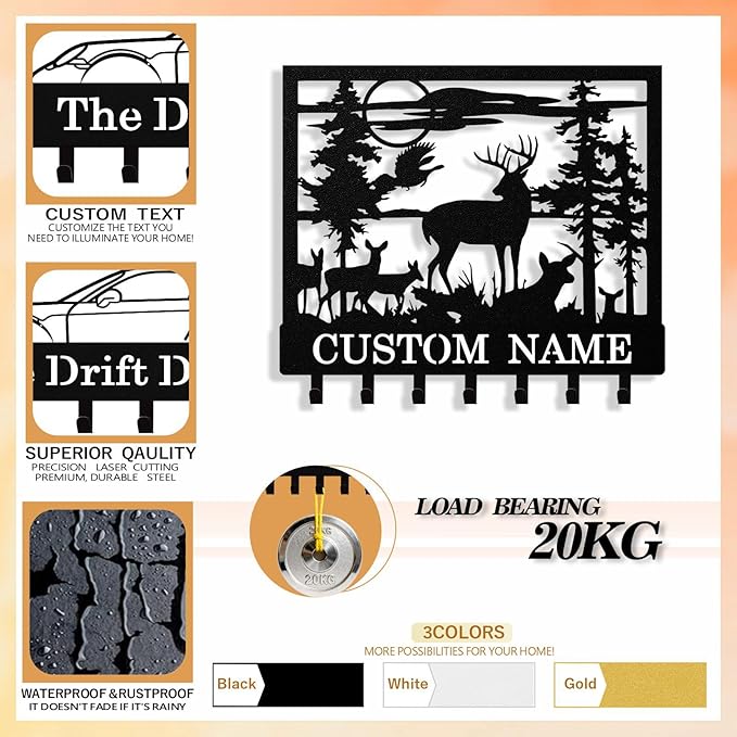 Personalized Deer Forest Key Holder Wall Mount, Custom Metal Keys Hanger for Wall with Name, Custom Key Rack Holder with Hooks for Entryway, Front Door, Hallway, Living Room, Kitchen