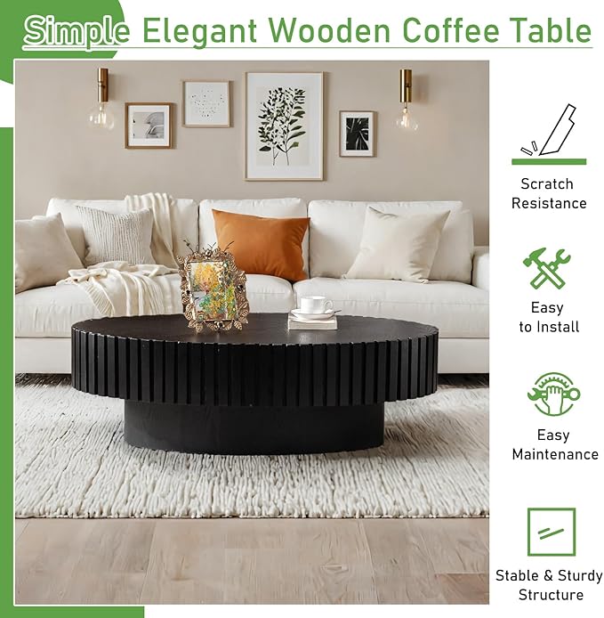 Oval Coffee Table for Living Room, 43.3'' Modern Handcraft Drum Coffee Table Unique Fluted Coffee Tables Wood Center Table End Table for Small Space, Farmhouse Apartment Office (Oval Black)