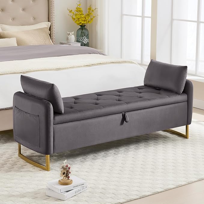 65" Storage Ottoman Bench, End of Bed Storage Bench King Size with Tufted Button Upholstered and Gold Legs, Bedroom Benches with Armrests for Living Room Window and Entryway, Dark Grey