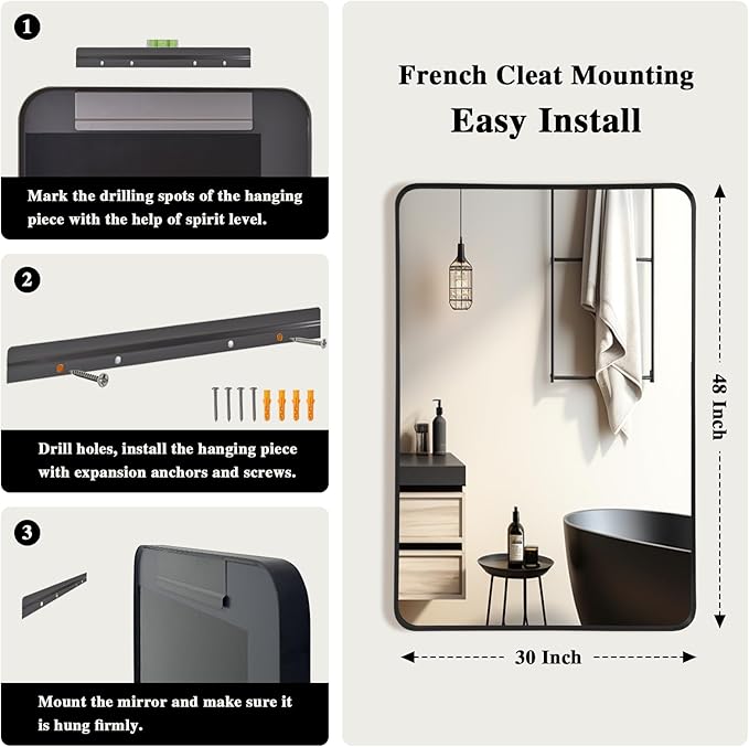 Wall Mirror 30" x 48" for Bathroom Black Metal Deep Frame Mirror for Wall Decorative Rectangular Round Corner Wall Mounted Vanity Mirror for Bedroom Living Room Entryway Wall Decor