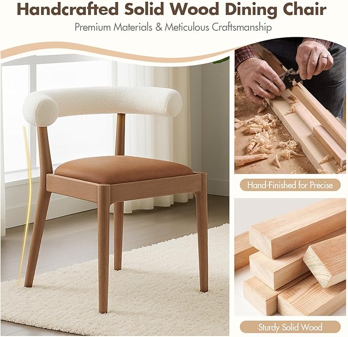 Kmax Dining Room Chairs, Mid-Century Modern Leather Kitchen Chairs with Natural Walnut Finished Frame, Fur White Curved Back, Set of 4, PU Brown