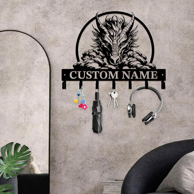 Customized Name Key Hook - Evil Dragon Design Keys Holder Decor Black Iron Metal Wall Organizer for Home & Office (Multiple Sizes) (Style E)