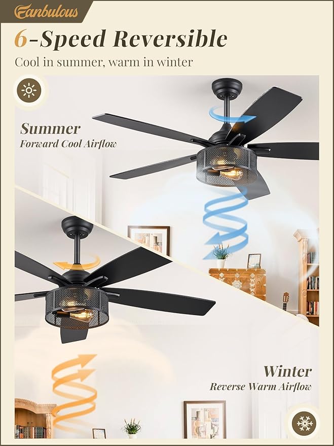 Fanbulous Farmhouse Ceiling Fans with Lights and Remote, 52 Inch Industrial Black Caged Ceiling Fans for Living Room Bedroom Kitchen, 6 Speed Reversible Quiet DC Motor, Dual Finish 5 Blades