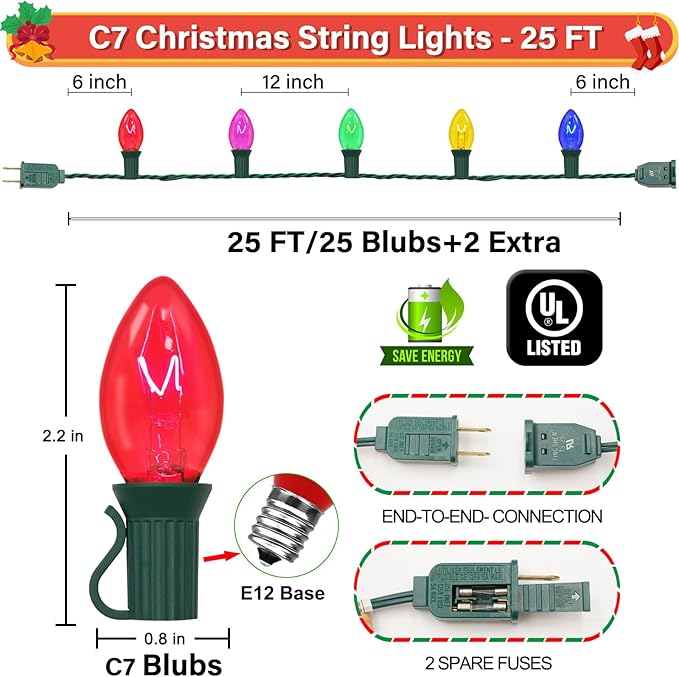 Couah C7 String Lights-25Ft Clear Vintage Multicolor Lights with 27 Colorful Incandescent Bulbs (2 Spare), Outdoor String Lights for Christmas Party Backyard Wedding- Green Wire, ULP(7)-LR(25)(5W)