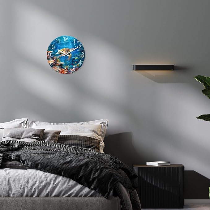 XNM Ocean Round Kitchen Clocks Battery Operated 12 Inch Sea Turtle Analog Wall Clock Modern Funny Blue Glass Wall Clock Silent