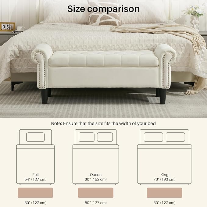 Storage Bench, 50" Queen End of Bed Bench, Velvet Tufted Button Upholstered Bedroom Bench, Storage Ottoman with Rolled Arms, Window Bench with Storage, for Living Room, Entryway Beige