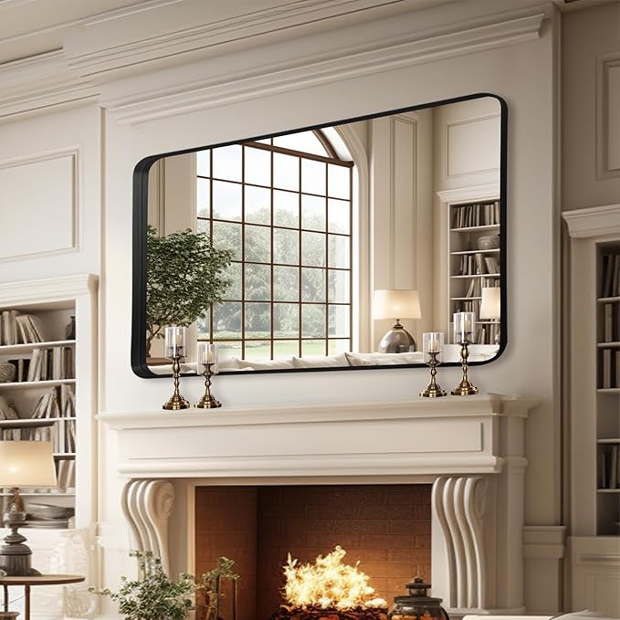 Wall Mirror 30" x 48" for Bathroom Black Metal Deep Frame Mirror for Wall Decorative Rectangular Round Corner Wall Mounted Vanity Mirror for Bedroom Living Room Entryway Wall Decor