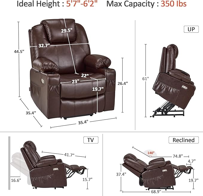MCombo Large Power Lift Recliner Chair with Massage and Heat for Tall Elderly People, 3 Positions, Cup Holders, and USB Ports, Faux Leather 7516 (Large, Dark Brown)