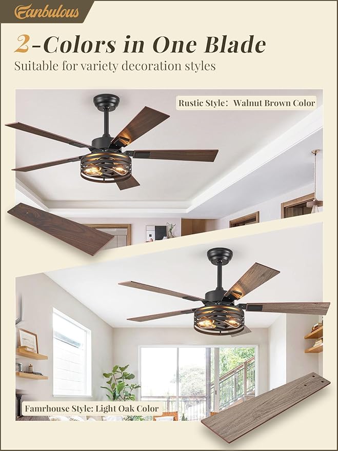 Fanbulous Farmhouse Caged Ceiling Fans with Lights and Remote, 48 Inch Black Bedroom Ceiling Fans for Living Room Kitchen，6 Speed Reversible Quiet DC Motor, Dual Finish 5 Blades