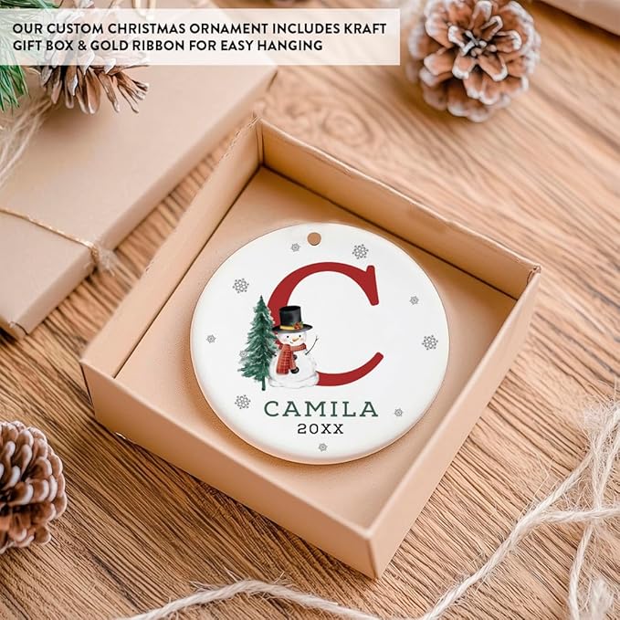 Andaz Press Personalized Christmas Ornament, Custom Name, Initial C Monogram Snowman 2.8" Ceramic Porcelain 2025 Christmas Ornament Keepsake for Kids, Boys, Girls 1-Pack Initial Ornaments