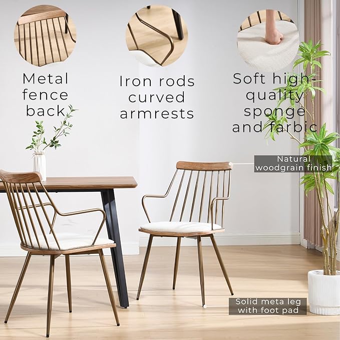 Modern Dining Chairs Set of 4, Upholstered Dining Chairs with Metal Leg, Wood Kitchen Chairs with Fence-Like Back and Curved Arm for Dining Room Kitchen Restaurant Reception (Beige)