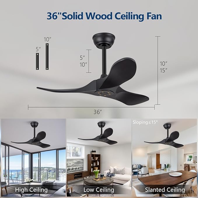 36 Inch Solid Wood Black Ceiling Fan with Remote,Ceiling Fan no Light,6 Speeds,Noiseless,Reversible DC Motor,Modern Ceiling Fans without Lights for Bedroom Farmhouse Kids Room