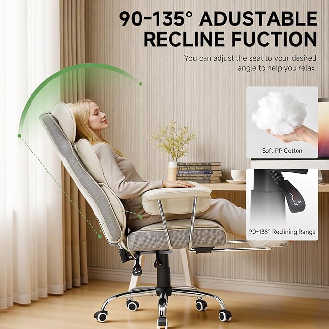 COMHOMA Big and Tall Office Chair, High Back Leather Gaming Chair with Footrest, Executive Ergonomic Office Chairs with Pocket Spring Lumbar Support and with Outward Fixed Soft Armrests