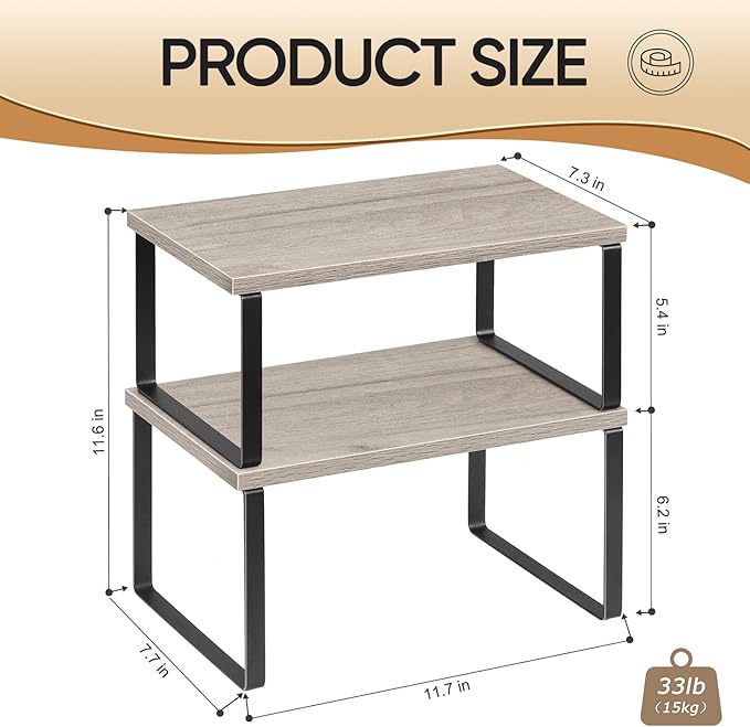 NEX Kitchen Cabinet and Counter Shelf Organizer, Shelf Riser for Pantry Countertop Cupboard Desk Top, Stackable & Expandable, Set of 4, Black and Greige