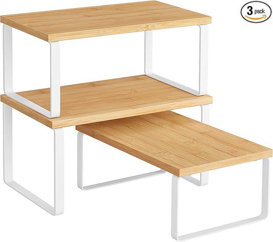 SONGMICS Cabinet Organizer Shelf, Set of 3 Kitchen Counter Shelves, Kitchen Storage, Spice Rack, Stackable, Expandable, Cloud White and Natural Beige UKCS014YL02