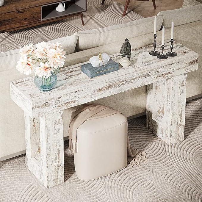 Tribesigns 63-Inch Long Console Table, Farmhouse Wooden Sofa Table Behind The Couch, Narrow Entryway Table for Entrance, Hallway, Living Room (Distressed White)