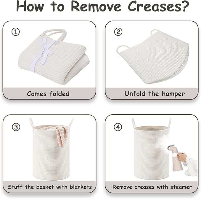 VIPOSCO Large Laundry Hamper, Tall Woven Rope Storage Basket for Blanket, Toys, Dirty Clothes in Living Room, Bathroom, Bedroom - 53L White