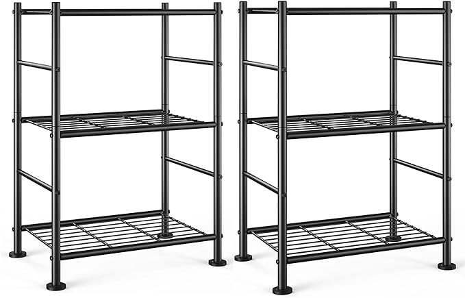 2-Pack Storage Shelves - 3-Tier Metal Wire Shelf Organizer, Slim Shelf Rack with Adjustable Feet for Laundry Room, Kitchen, Garage Organization, 18.2" x 12.3" x 30.4", Black
