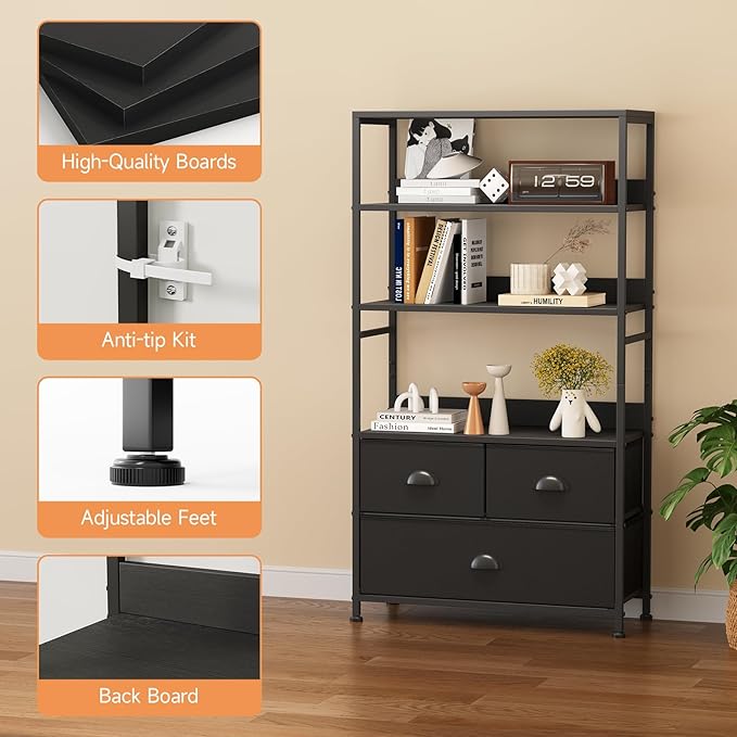 6 Tier Bookshelf, 47-Inch Small Bookcase with 3 Fabric Storage Drawers, Wood and Metal Book Shelf Storage Organizer, Industrial Display Standing Shelf Unit for Bedroom, Living Room, Black