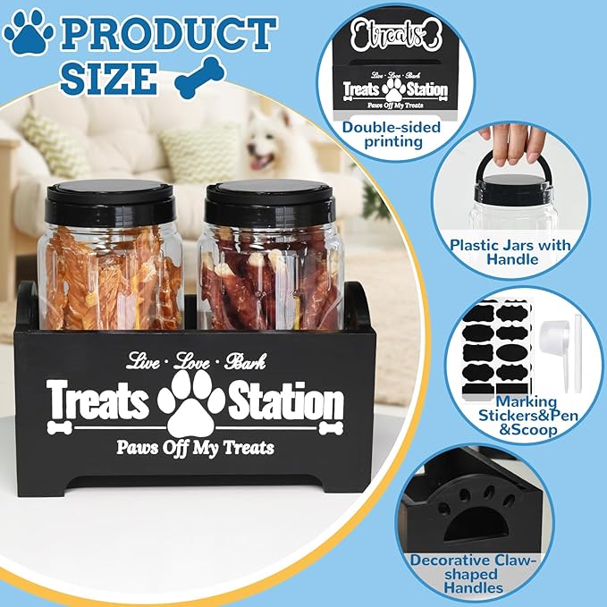 Dog Treat Container Dog Food Container for Dog Food Storage, Farmhouse Cat Food Container Pet Food Storage Organizer, Wood Dog Treat Holder with 2 Plastic Cat Dog Treat Jars, Black Cat Treat Container