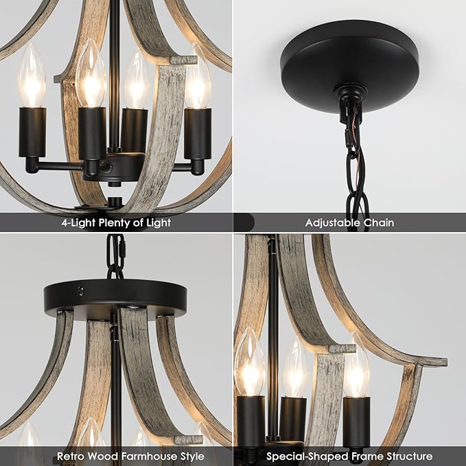 Farmhouse Chandelier, Modern Hanging Pendant Lighting, 4-Light Rustic Flush Mount Ceiling Light Fixture,Faux Wood Vintage Chandelier for Dining Room Kitchen Island Foyer Hallway Entryway Bedroom