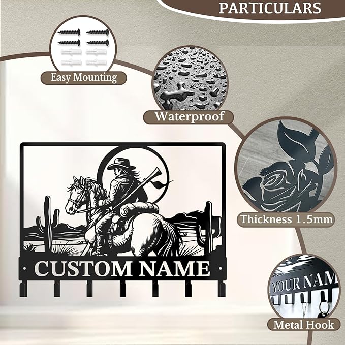 Custom Western Cowboy Metal Iron Key Hooks,Personalized Name & Text Engraving,Decor Wall Keys Holder for Home Entryway (Style H)