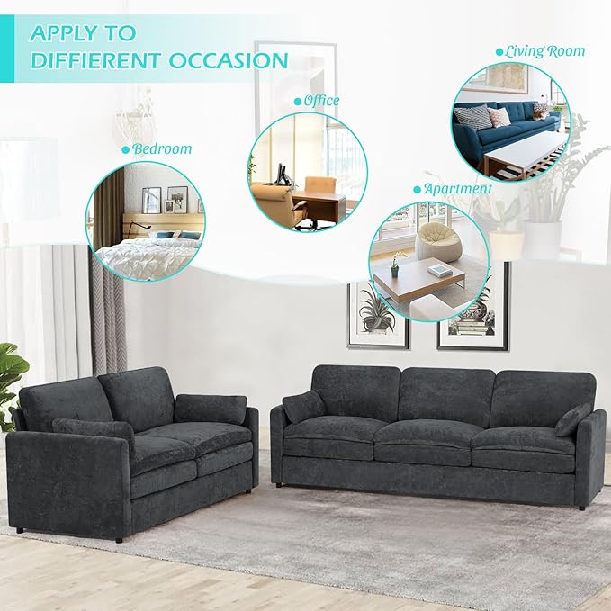 2 Pieces Chenille Sofa Set w/Throw Pillows, Upholstered Loveseat & 3 Seater Sofa w/Comfortable Back Cushions, Modern 2-Seat & 3-Seat w/High-Density Foam for Living Room, Apartment, Grey