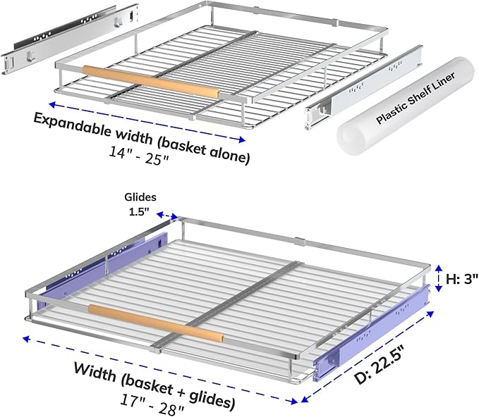 Pull Out Drawer Cabinet Organizer, Expandable Slide Out Storage Shelves - Heavy Duty, Durable and Smooth Slide-Out, 17" x 28" Wide x 22.5" Deep, 2 Pack