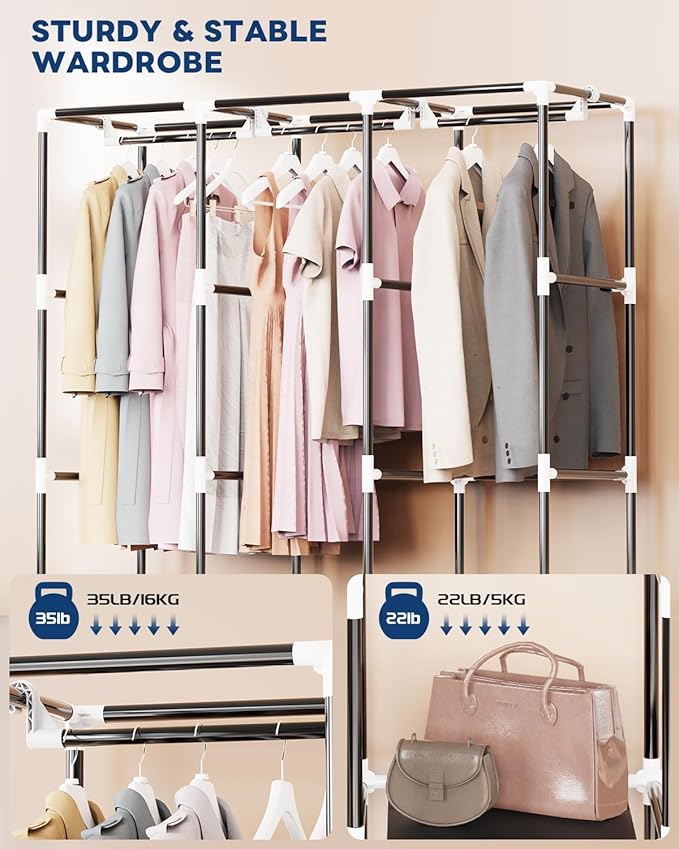 Mavivegue Portable Closet, Wardrobe Closet Organizer with Cover, 3 Hanging Rods and Shelves,Large Capacity for Bedroom, Living Room (Black, 50" W x 17" D x 64" H)