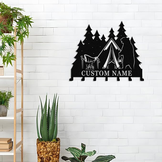 Personalised Metal Key Rack Hooks,Camp Theme Key Holder with Name,Custom Key Holder for Wall,Home Sweet Home Decor,Housewarming Gift Camp 1