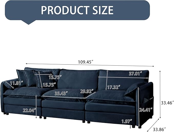 109.45" Oversized Extra Deep Seat Modern Chenille Cloud Couch, Large 3 Seater Modular Sofa for Living Room Bedroom Apartment Office (Blue, 109.45 Inch)