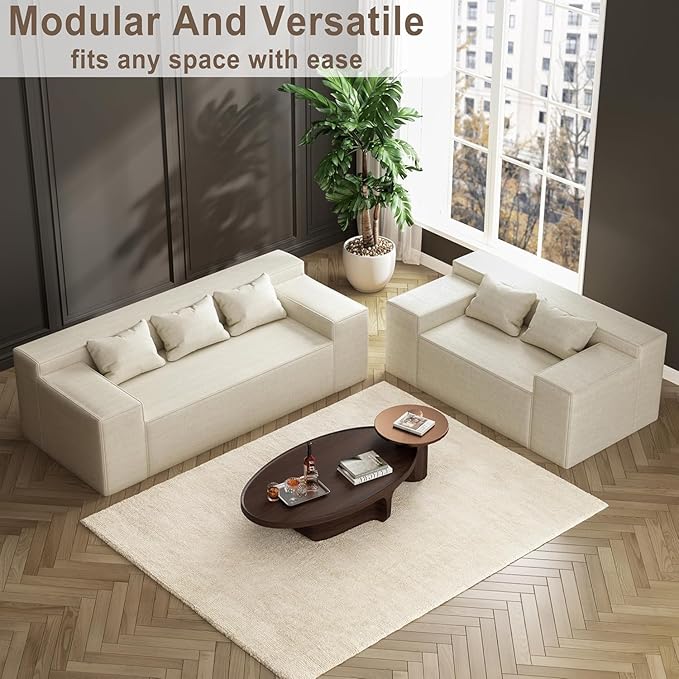 Modular Sectional Sofa, 3 Seater 105" Deep Seat Corduroy Lounge Sofa with Movable Cushions, Modular Couch for Small Spaces, Living Room, Bedroom, Apartment, Office - Beige