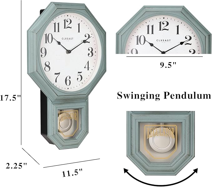 CLXEAST Pendulum Wall Clock, Schoolhouse Regulator Clock with Pendulum,Antique Aged Teal Green ABS Plastic,House Warming Gifts New Home,12" W x 17.5" H