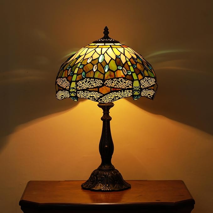 Tiffany Lamps White Brown Dragonfly Style Stained Glass Table Lamp Desk Bedside Reading Light 12X12X18.5 Inches with Bronze Resin Base Applicable to Bedroom Living Room Office