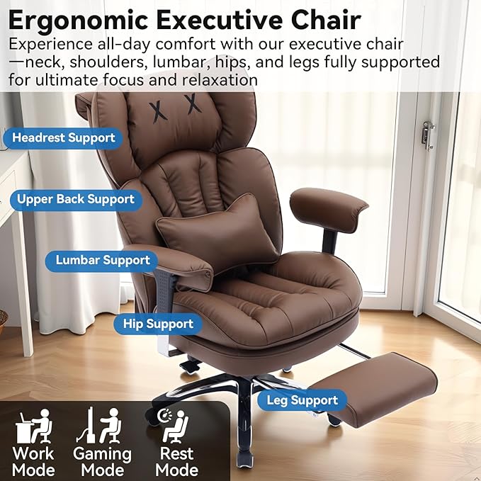 Efomao Big and Tall Office Chair 400lbs, Ergonomic High Back Executive Office Chair with Footrest, Wide Computer Desk Chair for Home Office, Comfortable PU Leather Heavy Duty Chair，Brown