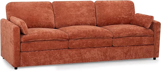 89” Chenille Sofa w/Arm Pillows, Upholstered 3-Seater Sofa w/Comfortable Back Cushions, Modern 3 Seats Couch w/High-Density Foam for Living Room, Apartment, Office, Orange