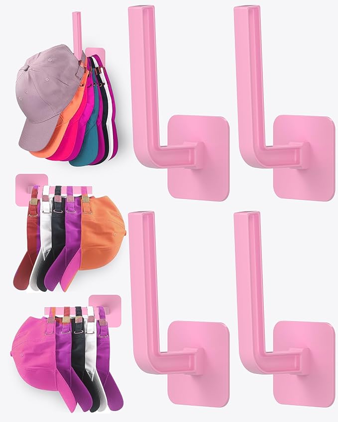 Hat Rack for Hat Storage (4-Pack), Multi-Purpose Hat Organizer, Strong Adhesive Hat Hooks for Wall Hat Organizer for Baseball Caps, Two Mounting Options Hat Hook, Pink