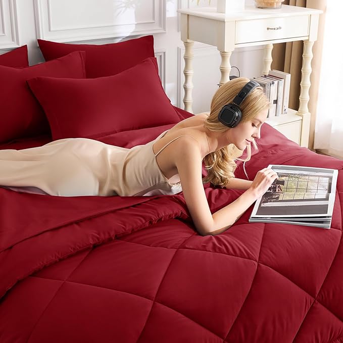 CozyLux Full Size Comforter Sets Dark Red - 7 Pieces Bed in a Bag Full, Luxury Soft Bed Set for All Seasons, Bedding Set with Down Alternative Comforter, Sheets, Pillowcases & Shams