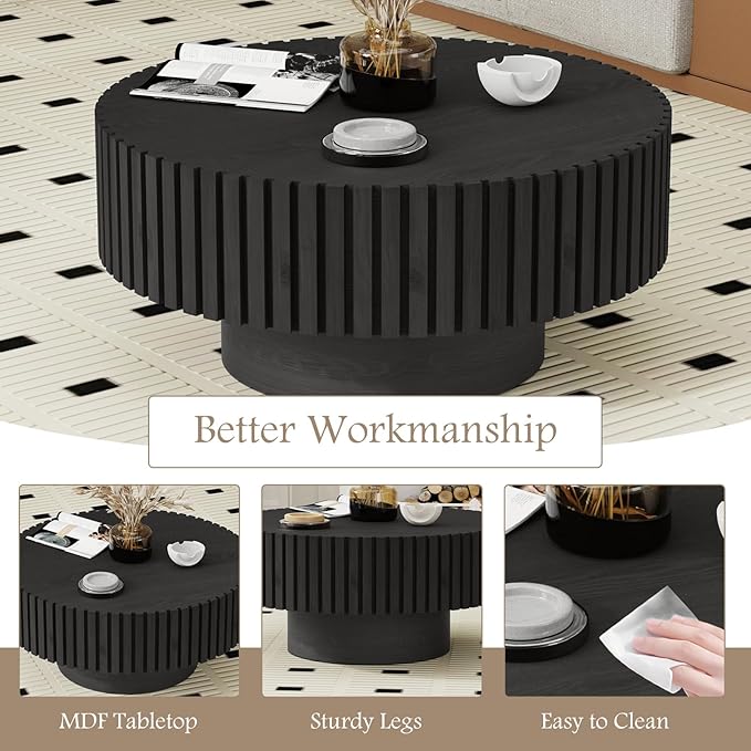 Fluted Coffee Tables 31.5" Round Wood Coffee Table Modern Handcraft Drum Coffee Tables with Sturdy Pedestal Unique Coffee Table for Living Room Home Office (Round Black)