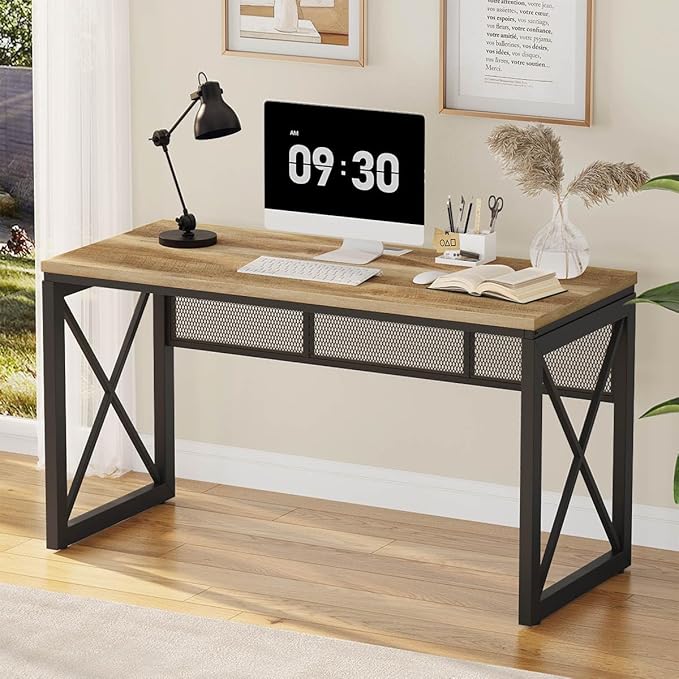 BON AUGURE Farmhouse Computer Desk, Modern Industrial Home Office Desks, Wood Metal Study Writing Table, Sturdy Gaming Desk (Vintage Oak, 54 Inch)