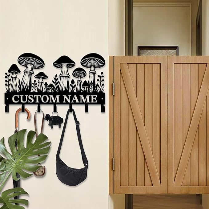 Customized Keys Holder - Personalized Mushroom Wonderland Key Hooks Wall Metal Sign Decor,Wall Holder,Door Hook (Style B)