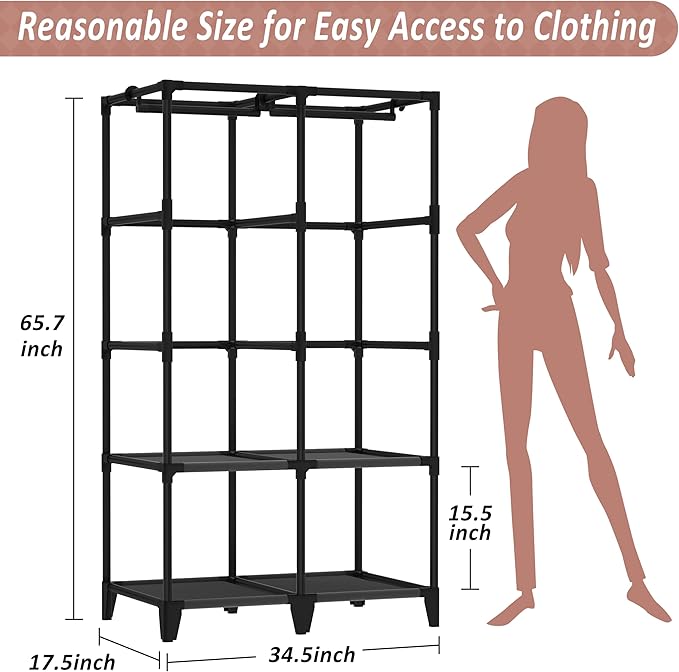 Wardrobe Closet, Quick and Easy Assembly, Gray Portable Closet with 2 Hanging Rods 4 Storage Shelves and Side 8 Pockets, Sturdy and Stable Clothes Rack with Cover, for Bedroom and Dormitory