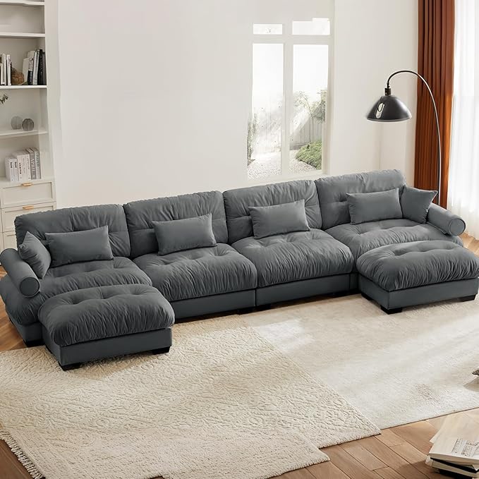 166" Grey Modular Sectional Sofa, 4 Seater Large Sectional Couches for Living Room, Velvet Fabric Oversized Fluffy Cloud Couch with Ottoman, Deep Seat Home Sofas Set, Sofá Moderno, U Shaped